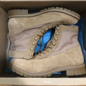 Zara Leather Combat Boots Size 12 Suede Tan